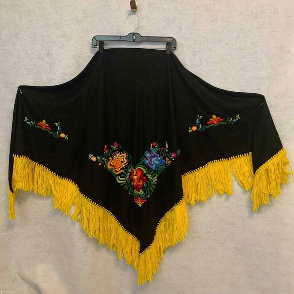 Source Unknown Sweaters - Vintage 1970's Handmade Embroidered Fringed Cape, Wrap, Shawl